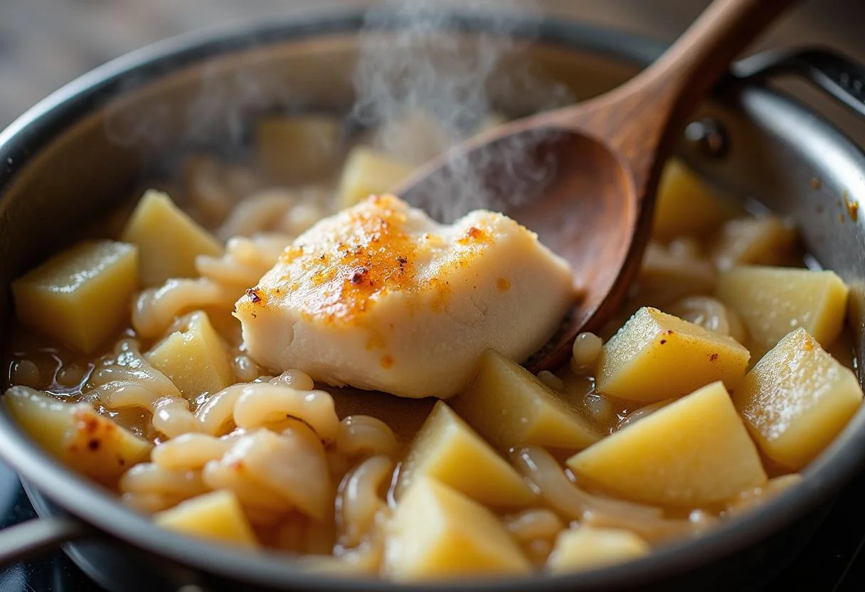 Mistura de bacalhau, cebolas e batatas sendo mexida para o Bacalhau à Moda de Chaves Rico.