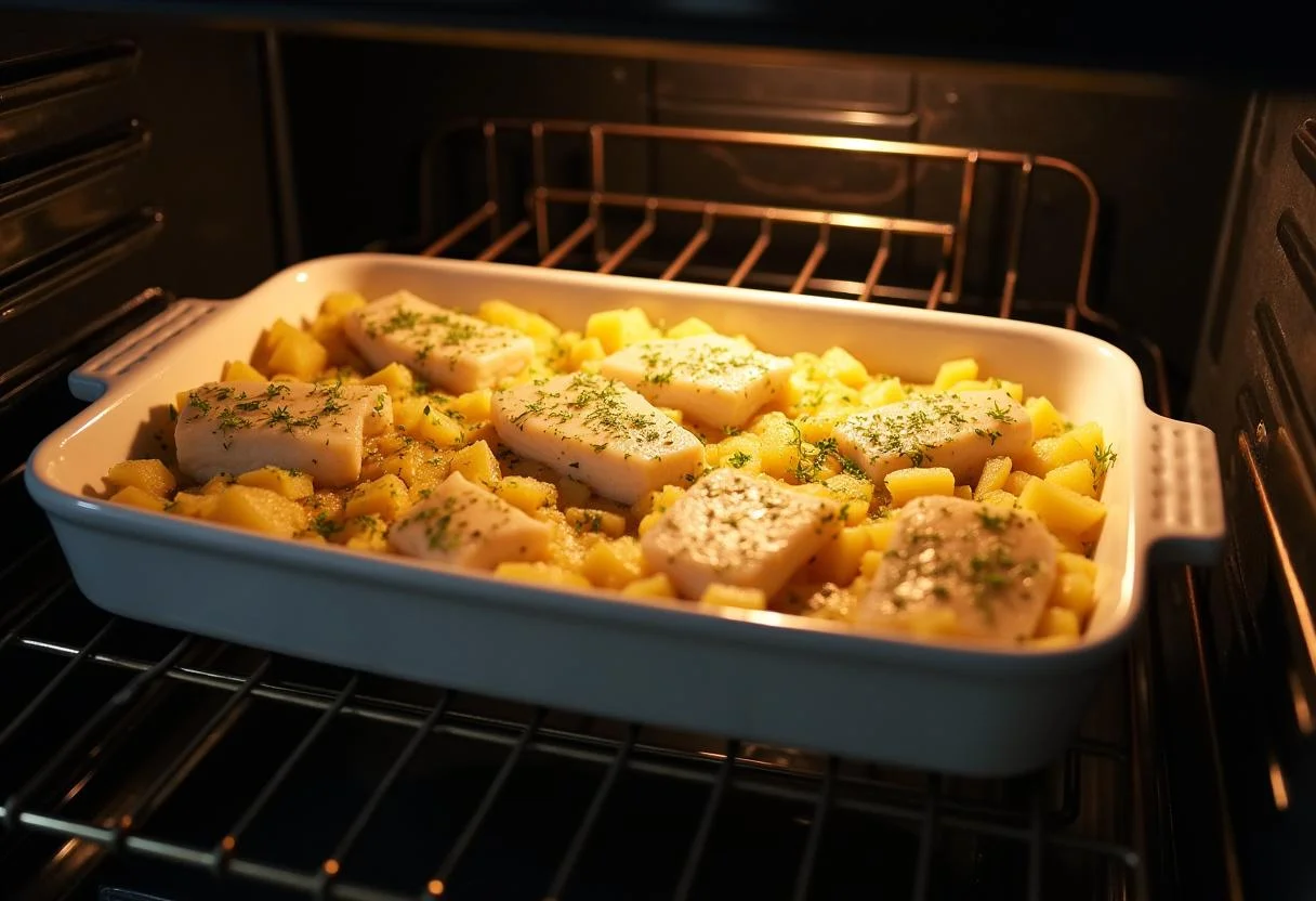 Prato de Bacalhau à Moda de Chaves Rico preparado para assar no forno.
