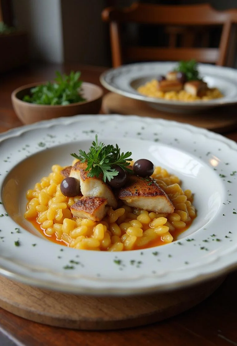 Bacalhau à moda de guarda pronto para servir, decorado com azeitonas e salsa, ideal para um almoço em família.