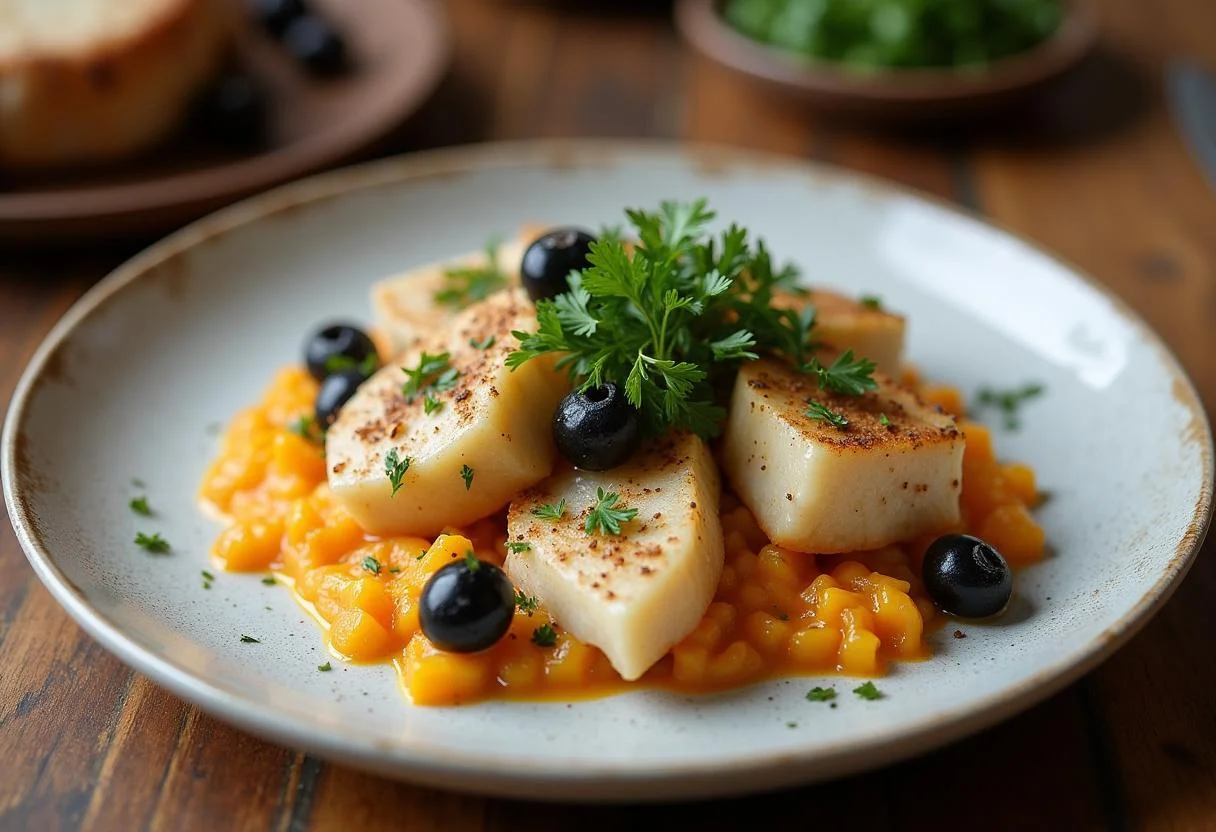 Bacalhau à moda de guarda pronto para servir, decorado com azeitonas e salsa, ideal para um almoço em família.