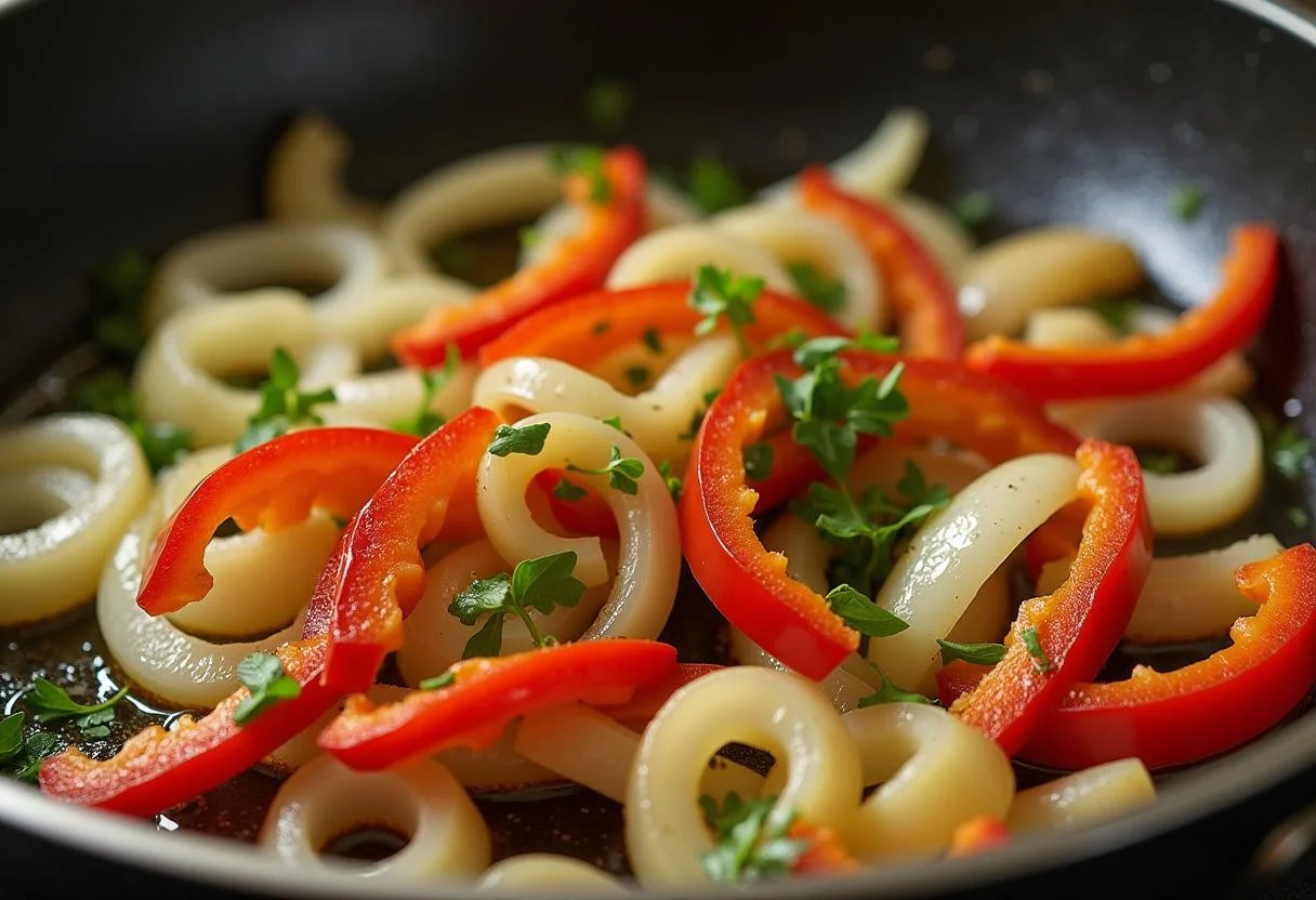 Cebolas e pimentões sendo refogados em azeite para o bacalhau à moda de guarda tradicional.