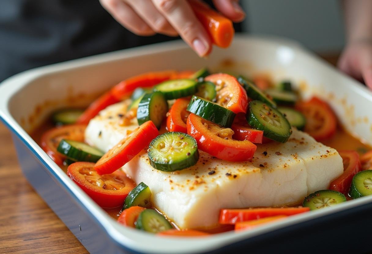Camadas de bacalhau dessalgado e vegetais para o prato bacalhau à moda de guarda.