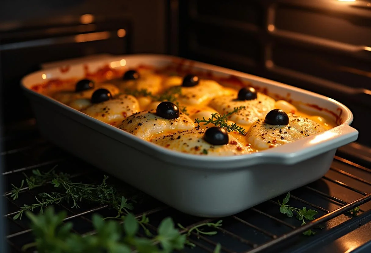 Prato de bacalhau à moda de guarda sendo colocado no forno para assar.