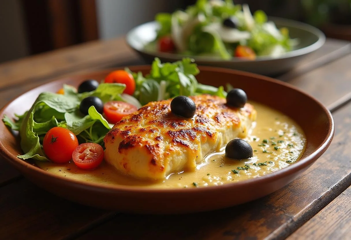 Bacalhau à Moda de Vila Real pronto para servir em uma mesa rústica.