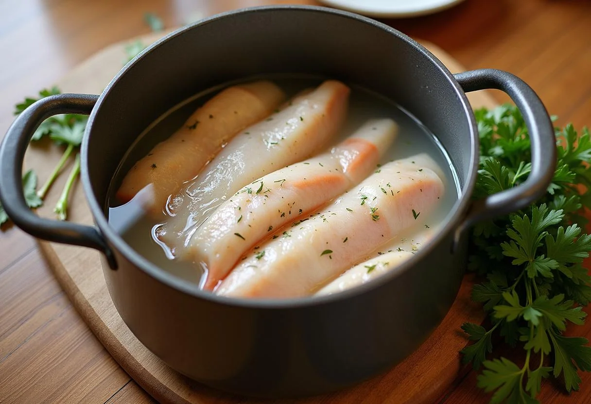 Bacalhau em água para dessalgar na receita tradicional de Bacalhau à Moda de Vila Real.