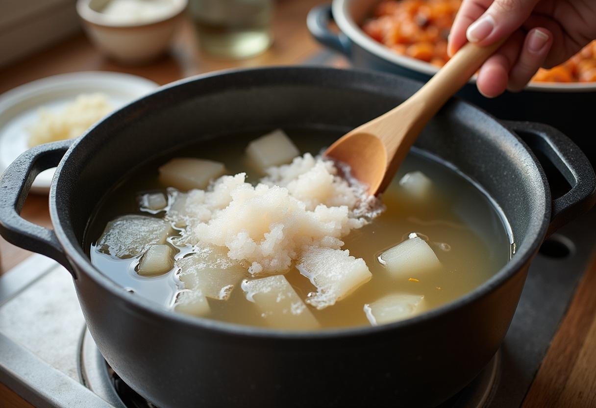 Adicionando bacalhau salgado à água a ferver para Bacalhau à Zé do Pipo Saboroso.