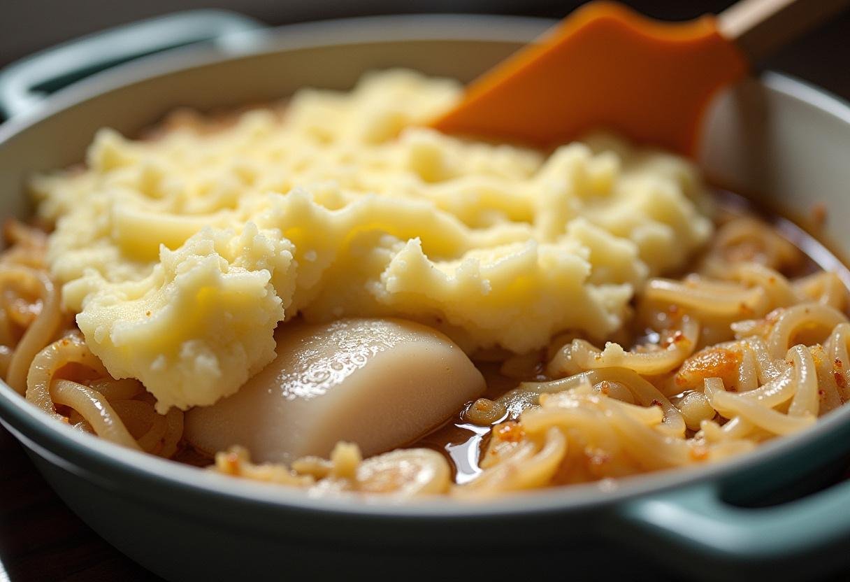 Camadas de bacalhau e purê de batatas num refratário para Bacalhau à Zé do Pipo Saboroso.