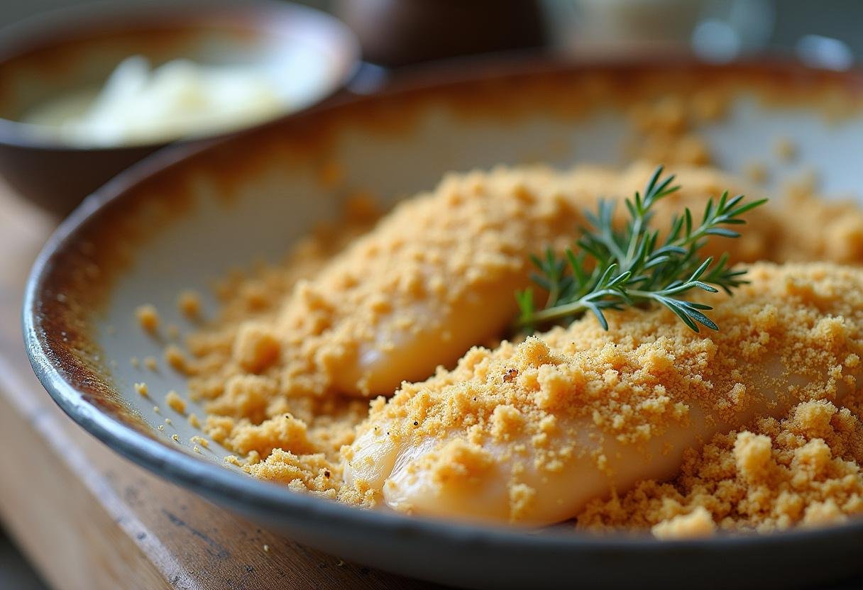 Mistura de broa e ervas preparada para o Bacalhau com Broa Crocante.