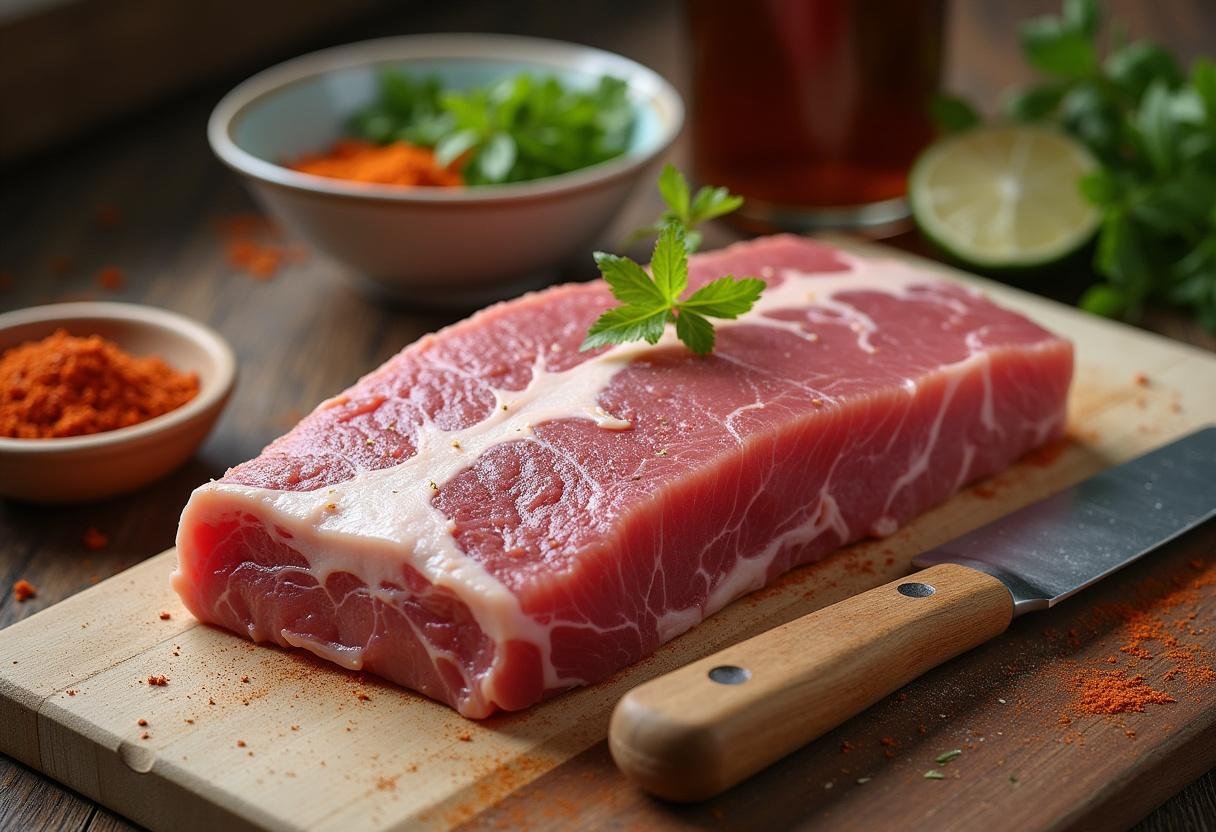 Bifana, costeleta de porco marinada, pronta para ser temperada, mostrando deliciosas especiarias e ervas.