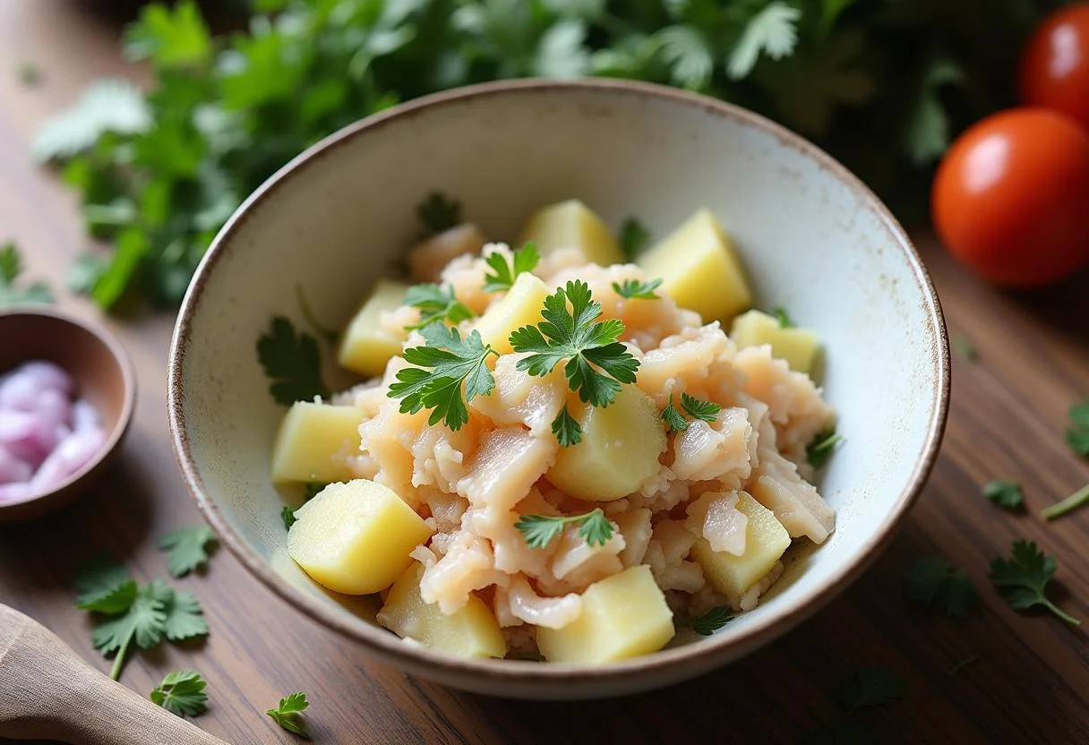 Tigela de bacalhau salgado desfiado e batatas, essencial para fazer Bolinhos de Bacalhau Crocantes.