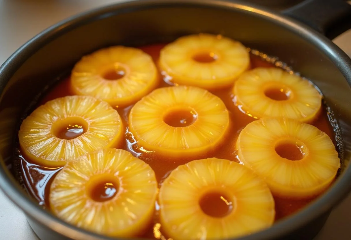 Fatias de abacaxi caramelizadas dispostas em uma forma de bolo para Bolo de Ananás Caramelizado Doce.