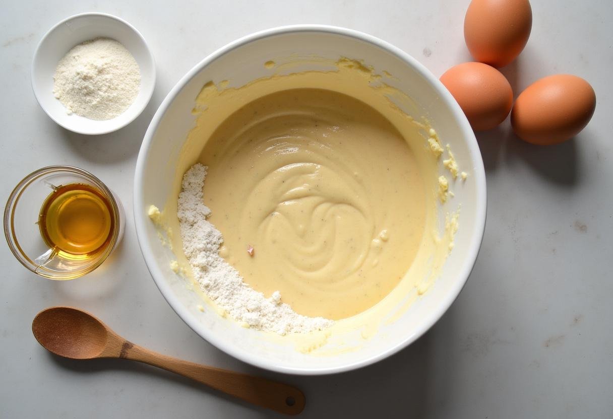 Massa de bolo lisa sendo preparada para o Bolo de Ananás Caramelizado Doce.