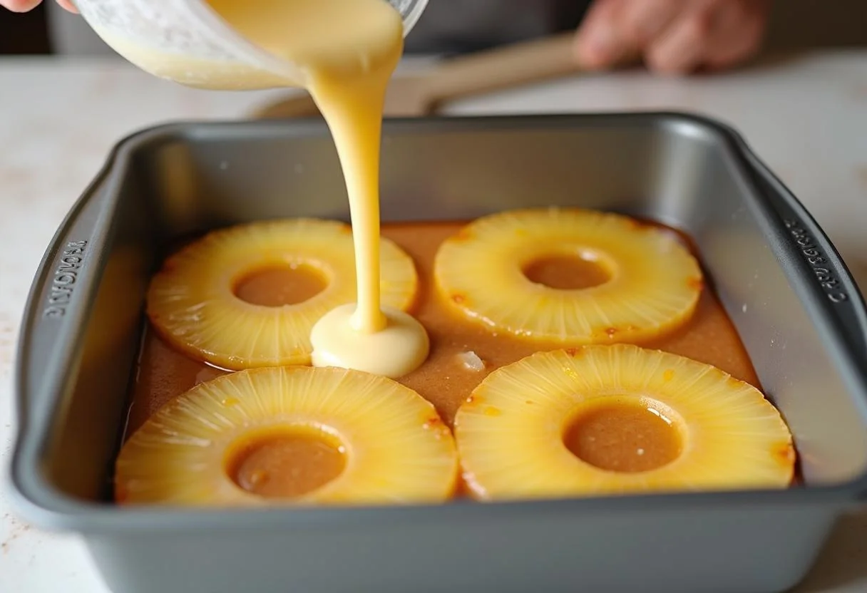 Massa de bolo sendo despejada sobre o abacaxi caramelizado para Bolo de Ananás Caramelizado Doce.