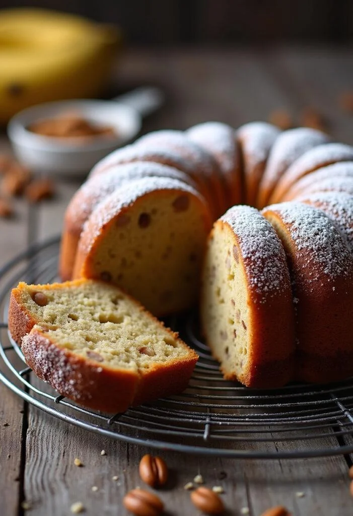Deliciously baked banana nut cake with walnuts and powdered sugar, ideal for any occasion.