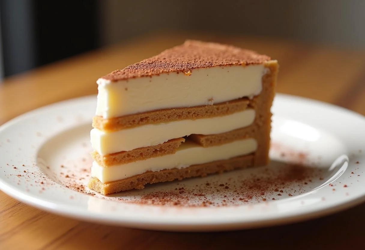 Bolo de bolacha tradicional pronto para servir, destacando suas camadas cremosas.