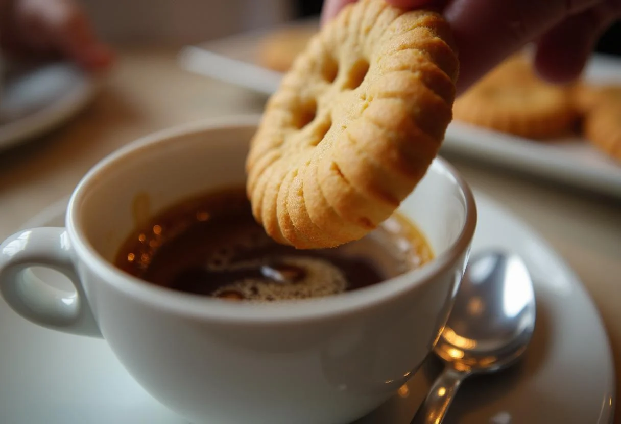 Bolachas Maria sendo mergulhadas em café para bolo de bolacha receita tradicional.