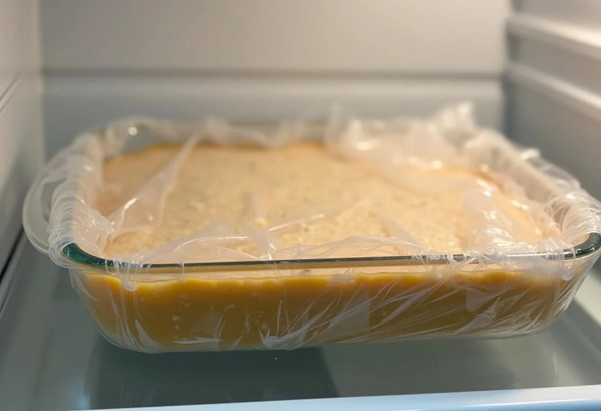 Bolo de bolacha sendo resfriado na geladeira para firmar.