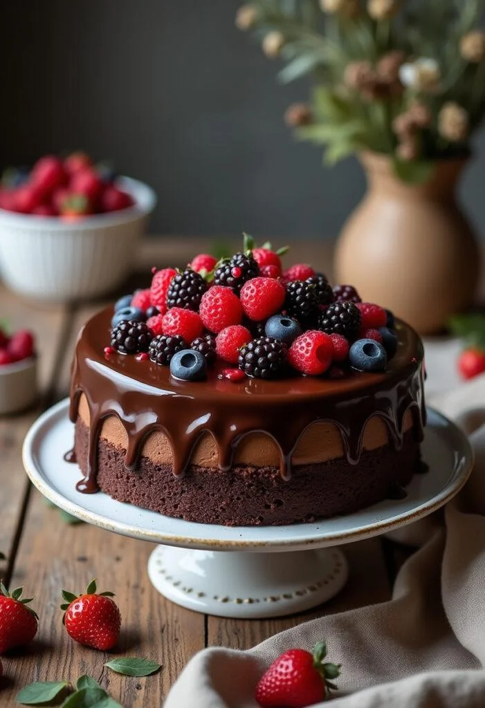 Bolo de Chocolate à Portuguesa finalizado, coberto com ganache e frutas, ideal para celebrações.