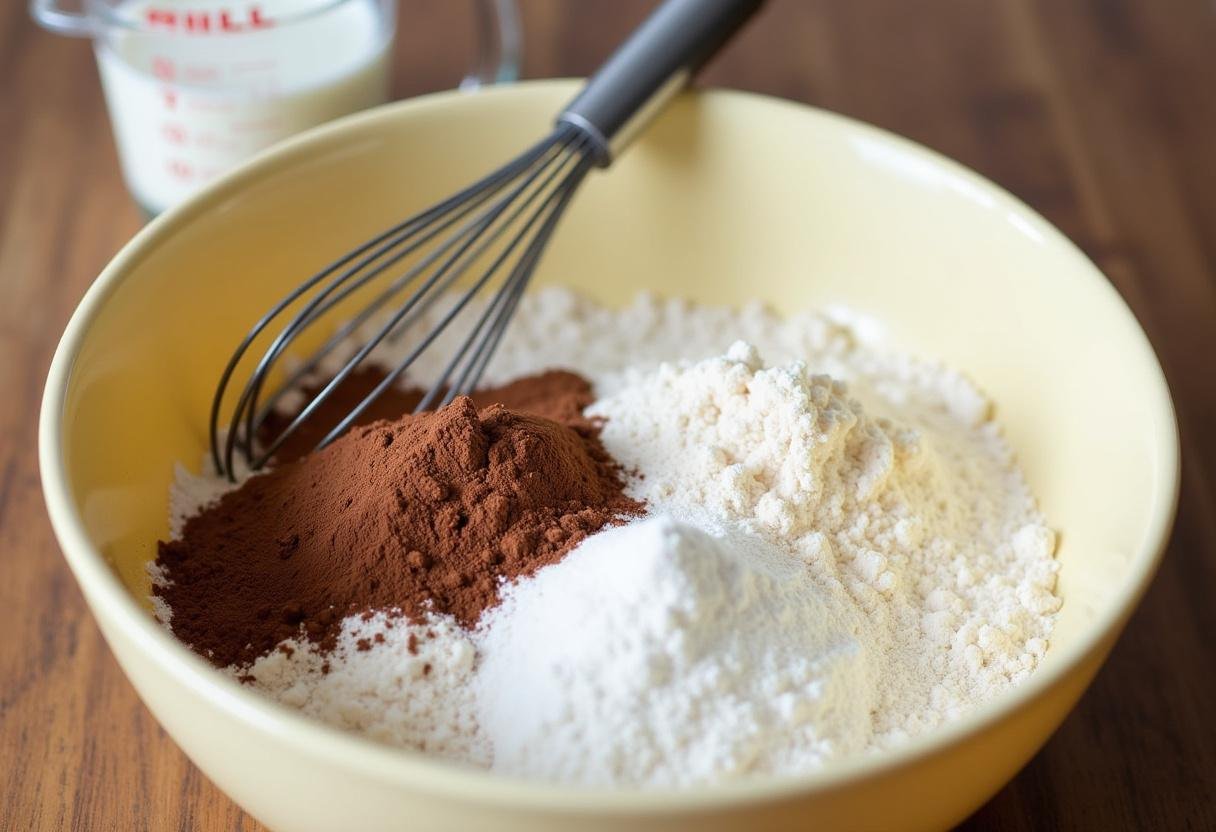 Ingredientes secos para Bolo de Chocolate à Portuguesa, incluindo farinha e cacau em pó em uma tigela de mistura.