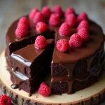 Bolo de Chocolate com Framboesas delicioso, pronto para servir com apresentação sofisticada.