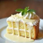 Fatia de Bolo de Coco com Calda de Leite Doce, pronta para servir.