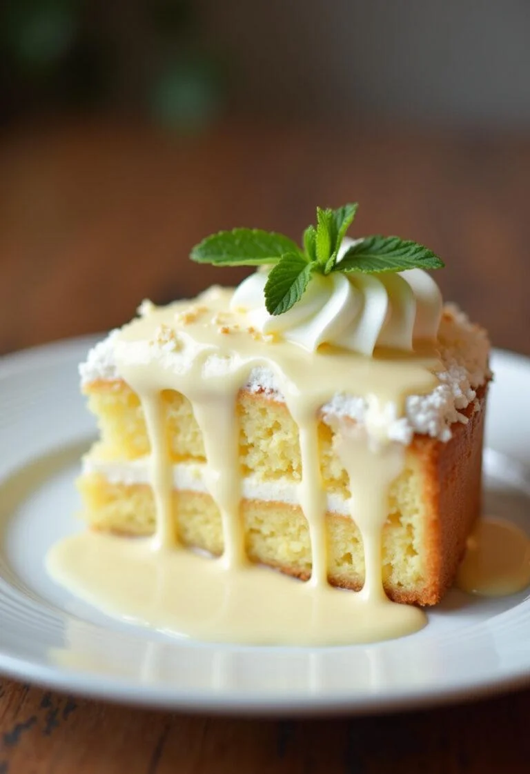 Fatia de Bolo de Coco com Calda de Leite Doce, pronta para servir.