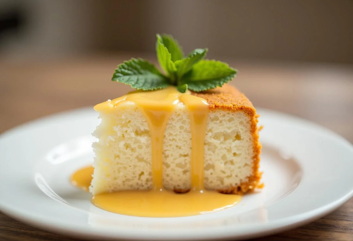 Fatia de Bolo de Coco com Calda de Leite Doce, pronta para servir.