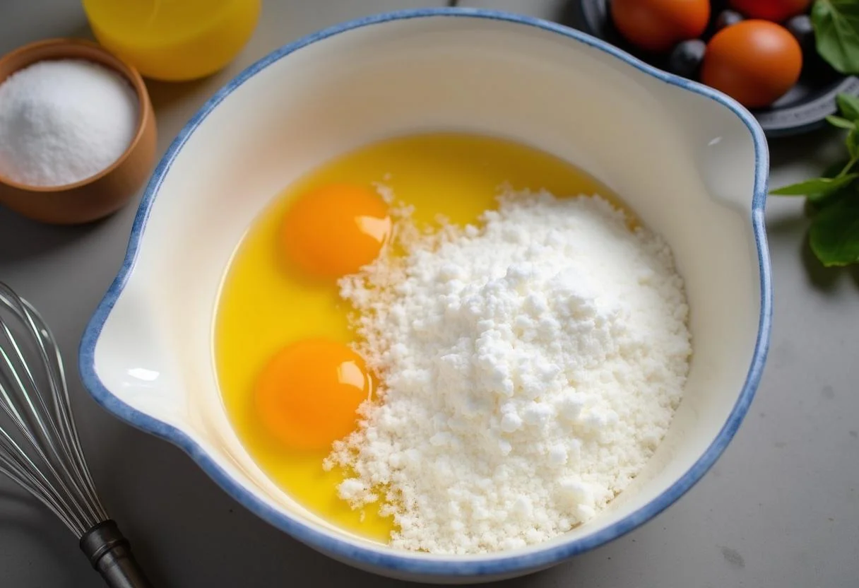 Mistura de coco ralado e açĂșcar para o Bolo de Coco com Calda de Leite Doce.