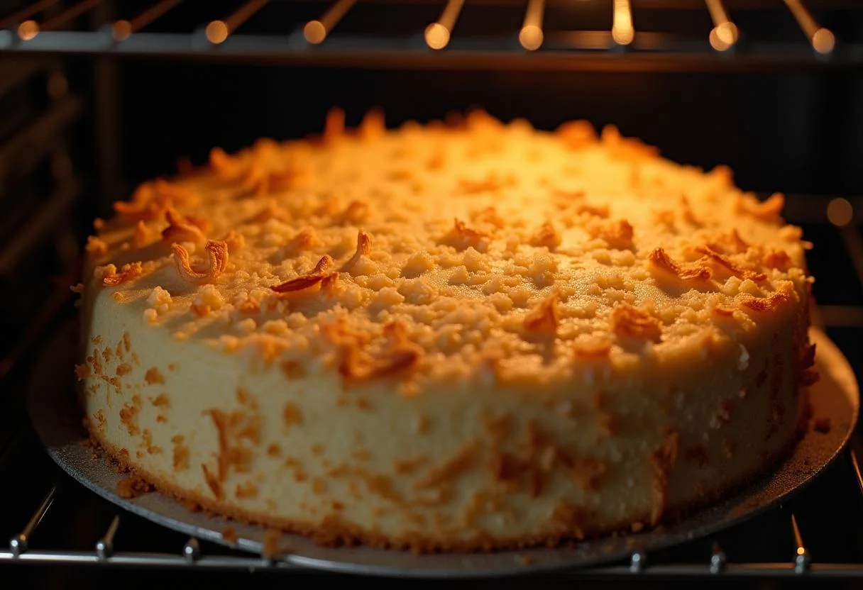 Bolo de Coco saindo do forno, preparado para receber a calda de leite doce.