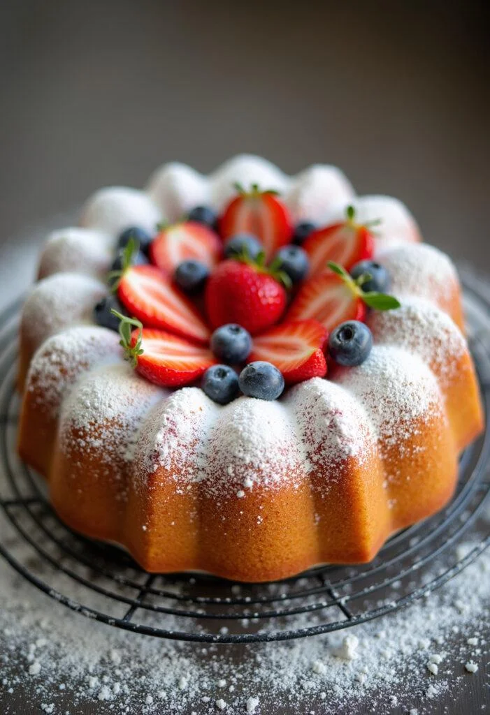 Bolo de Iogurte Fofinho decorado com açúcar de confeiteiro e frutas frescas.