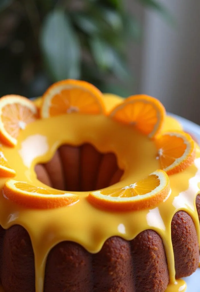 Bolo de Laranja Suculento decorado com cobertura brilhante e fatias de laranja.