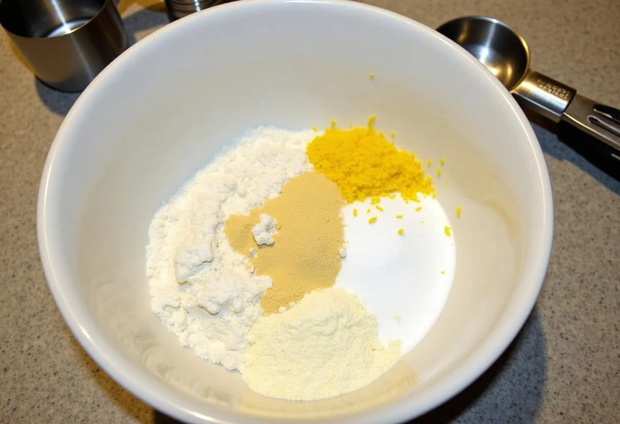 Ingredientes secos para Bolo de Limão com Glacê Doce: farinha, açúcar e raspas de limão.