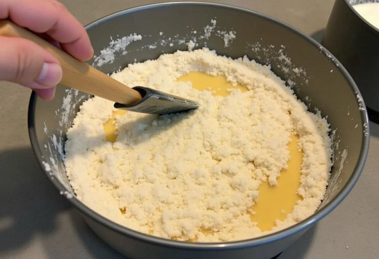 Mistura do bolo de limão sendo combinada antes de ir ao forno.