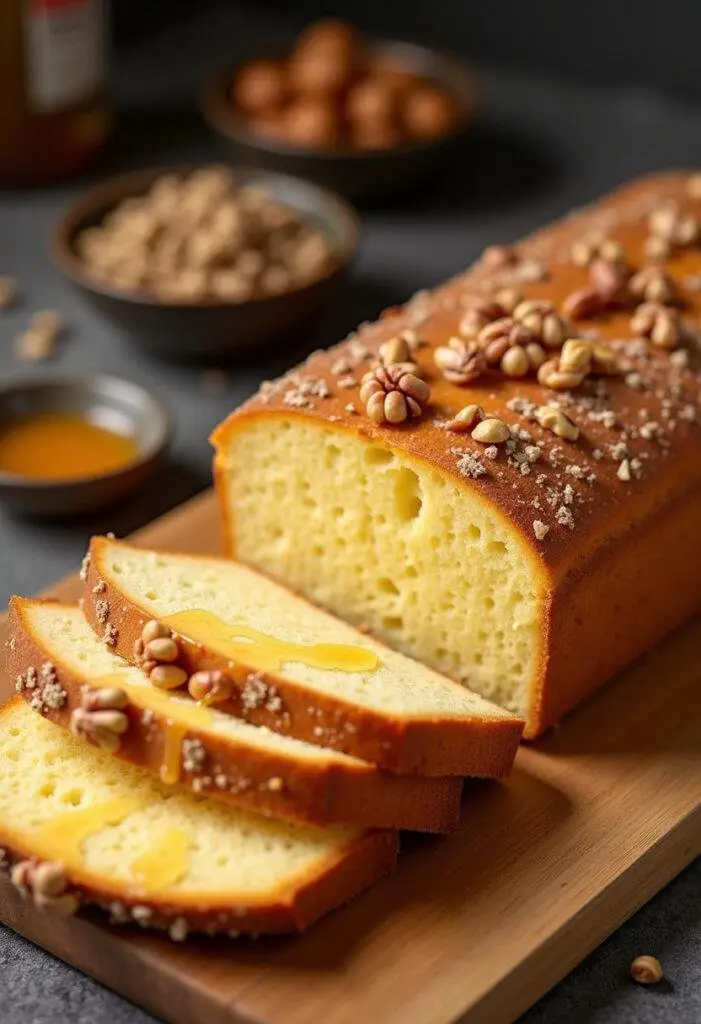 Bolo de Mel da Madeira Doce fatiado com mel e nozes, pronto para ser servido.