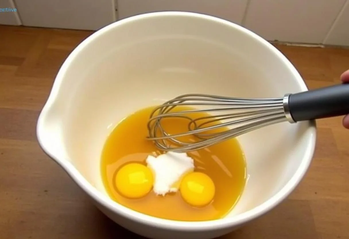 Mistura de mel, açúcar e ovos em uma tigela para o Bolo de Mel da Madeira Doce.