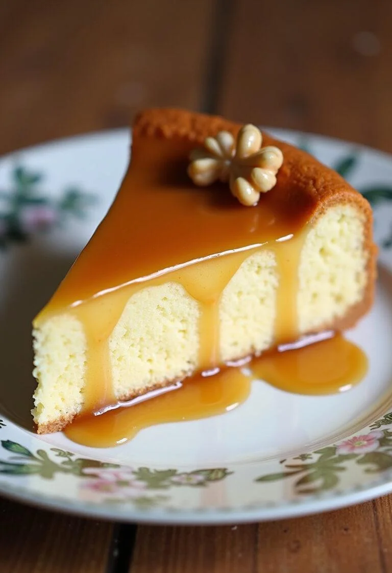 Slice of Bolo de Noz com Doce de Ovos Saboroso, presented with garnishes and ready to enjoy.