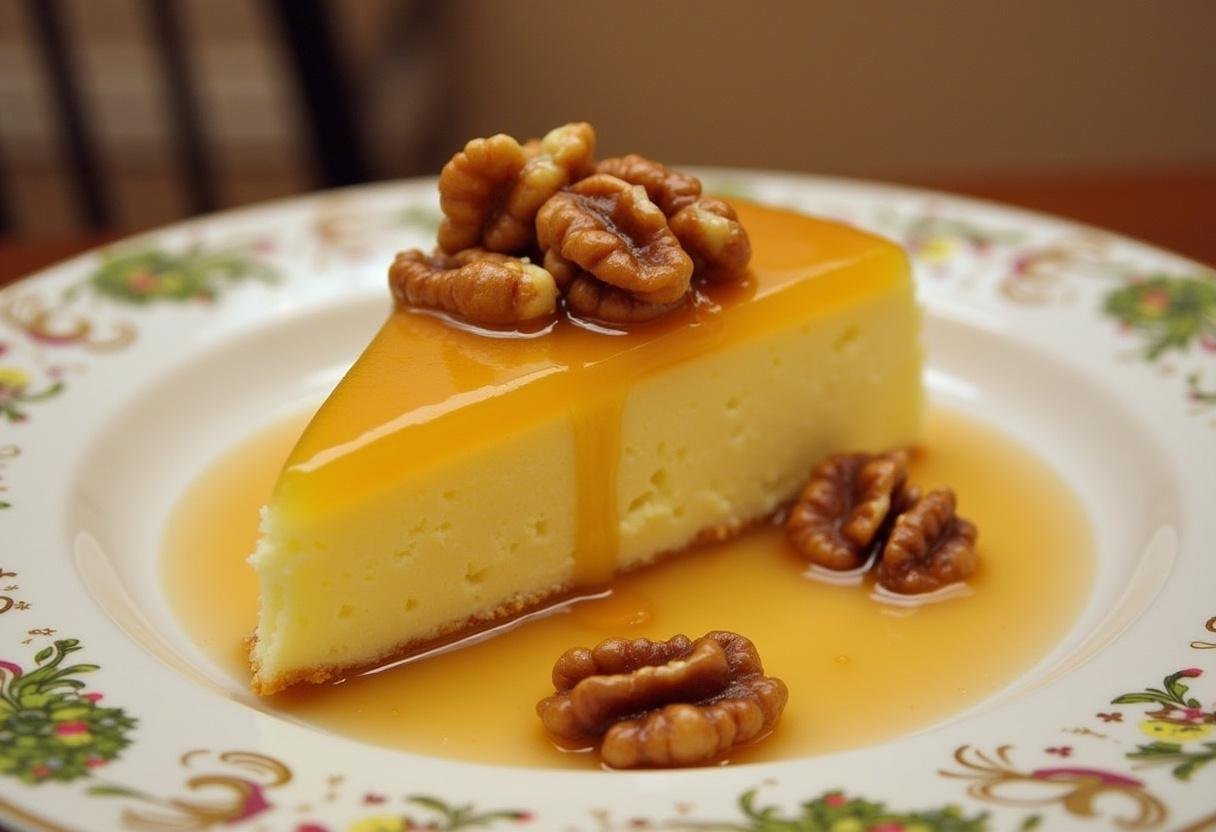 Fatia de Bolo de Noz com Doce de Ovos Saboroso, apresentada com guarnições e pronta para desfrutar.