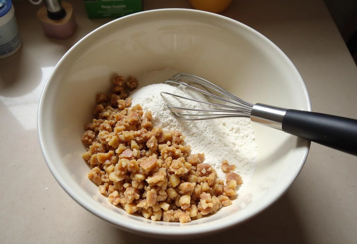 Ingredientes para Bolo de Noz com Doce de Ovos Saboroso, incluindo nozes e açúcar numa tigela.