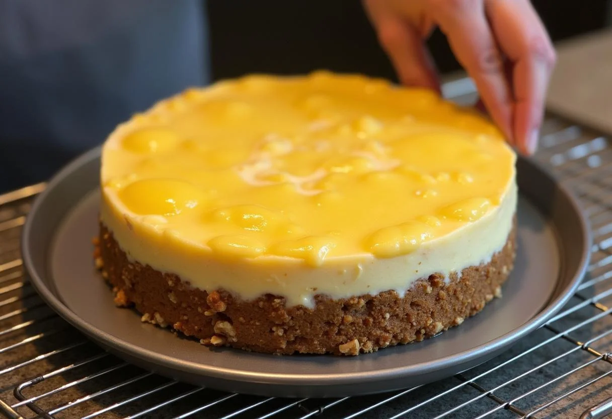 Bolo de Noz com delicioso doce de ovos sendo colocado numa grade de arrefecimento.