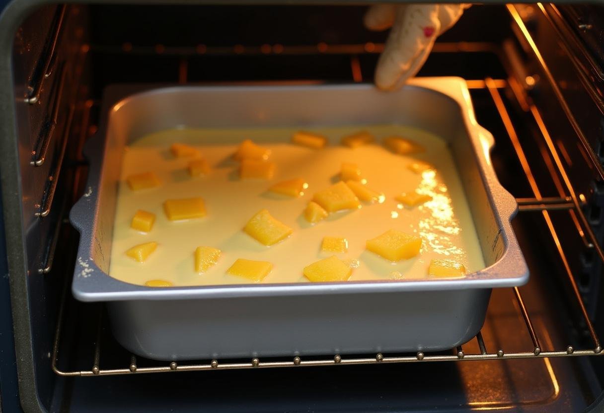 Bolo de abacaxi assado sendo retirado do forno, pronto para receber a farofa crocante.