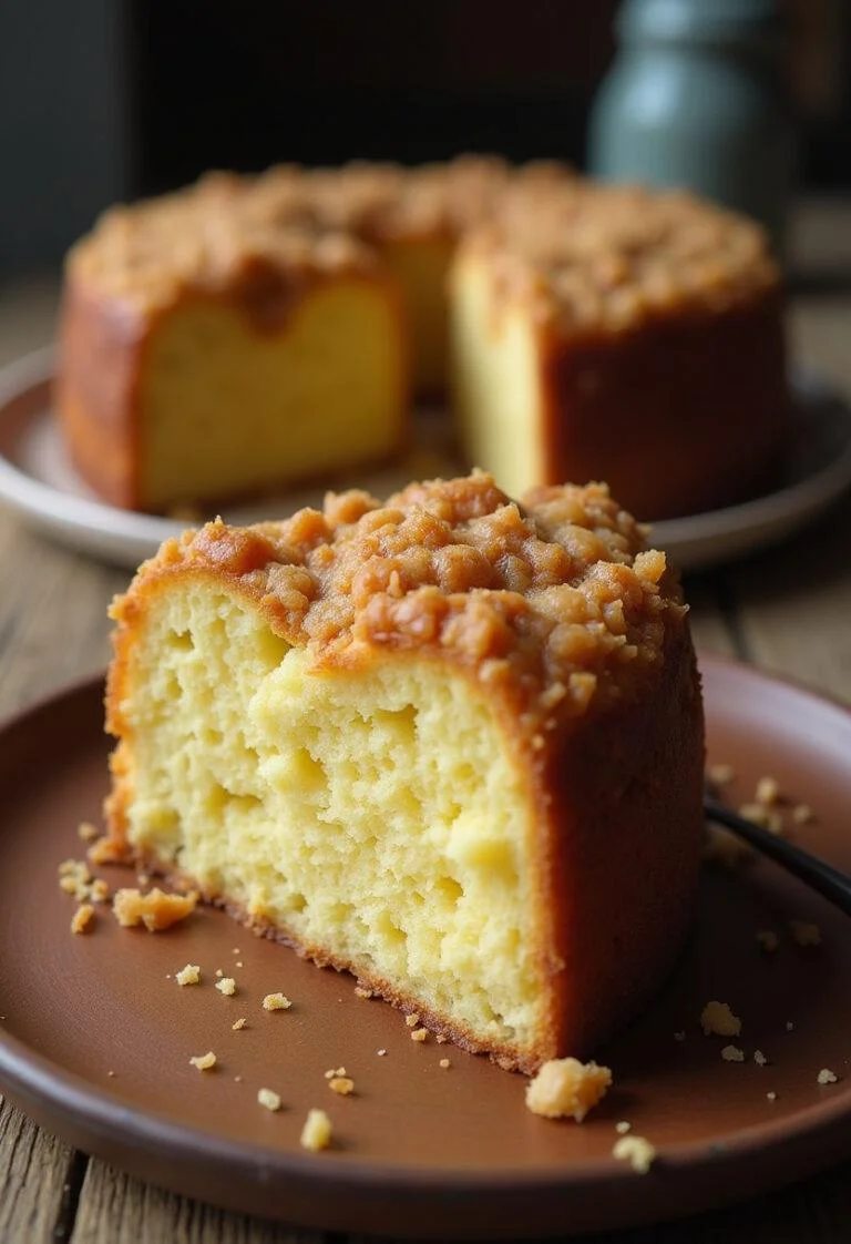 A slice of Bolo de abóbora com farofa crocante served, highlighting its delicious layers and texture.