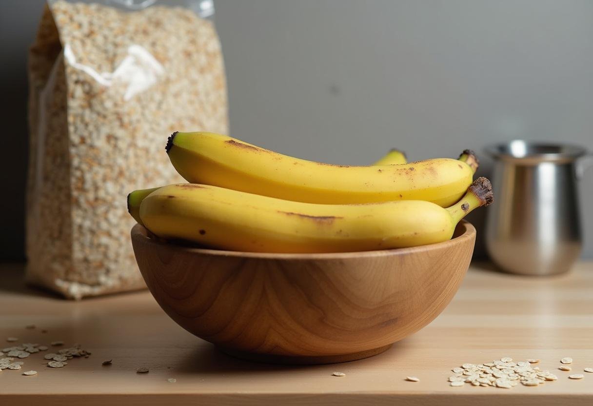 Bananas with peels ready for preparing healthy banana cake with oats.