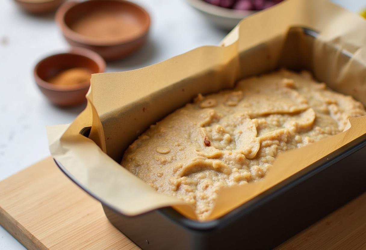 Filling a loaf pan with banana and oat batter for the healthy cake recipe.