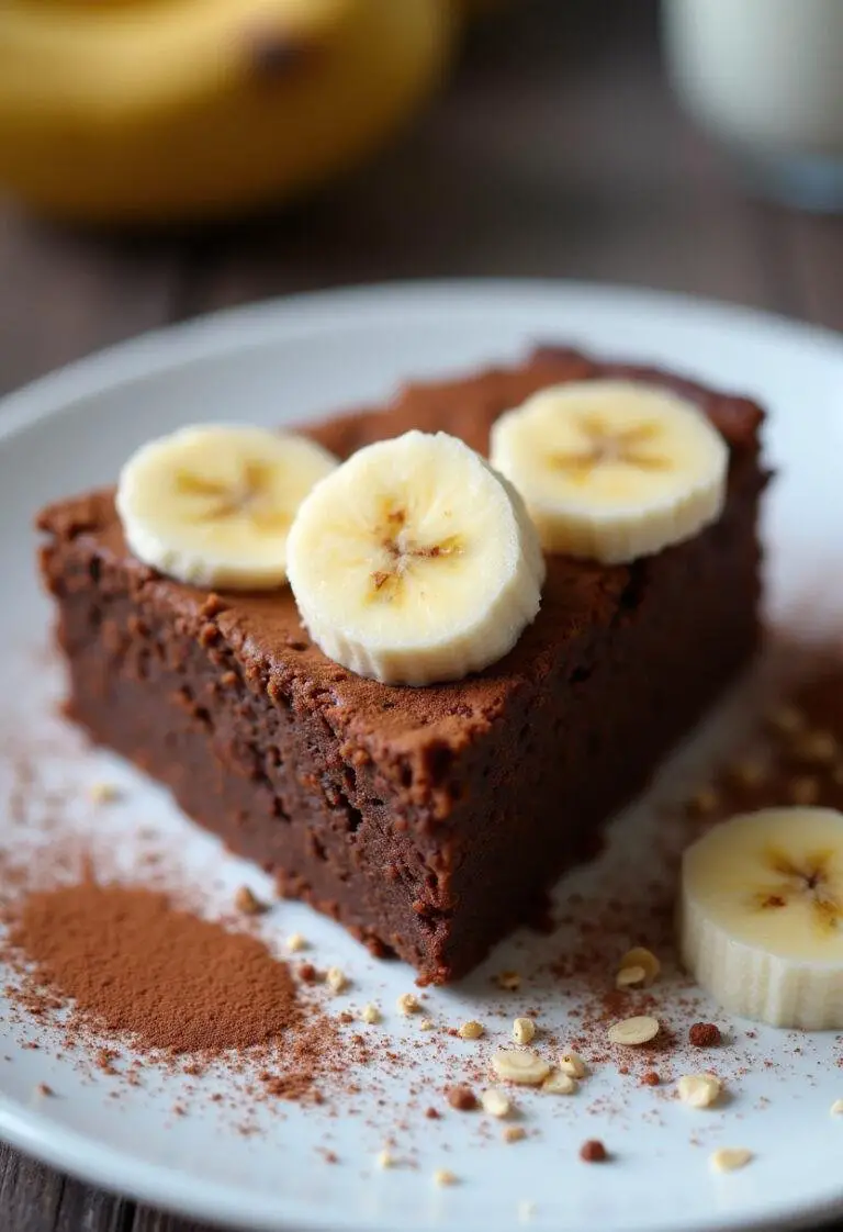 Fatias de bolo de chocolate com banana e aveia, decoradas com rodelas de banana e polvilhadas com cacau.