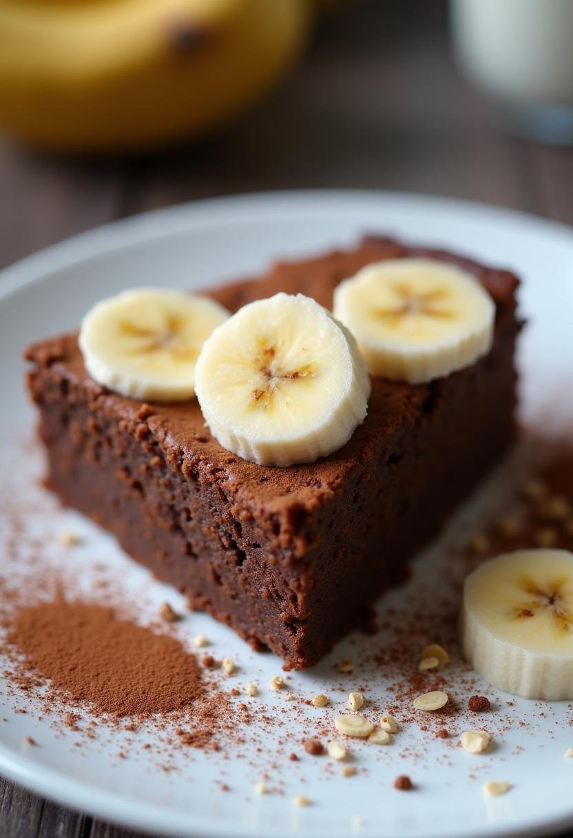 Fatias de bolo de chocolate com banana e aveia, decoradas com rodelas de banana e polvilhadas com cacau.