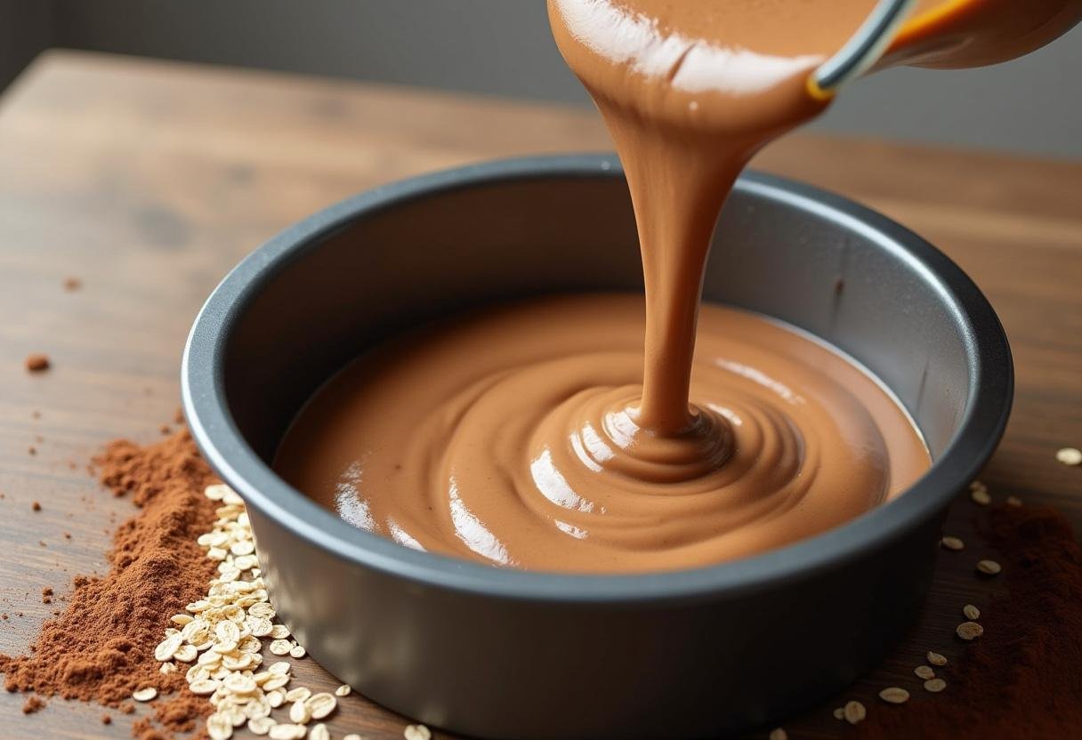 Massa de bolo de chocolate sendo despejada em uma forma untada para fazer bolo de chocolate com banana e aveia.