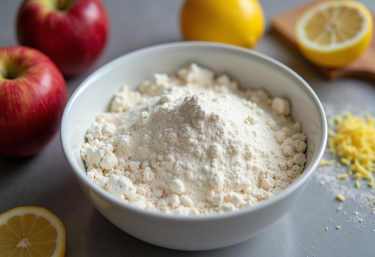 Ingredientes secos para bolo fofinho de maçã com raspas de limão - Mel e Pimenta.