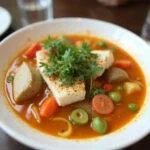 Caldeirada de peixe rica, um prato saboroso com peixe e vegetais, ideal para uma refeição especial.
