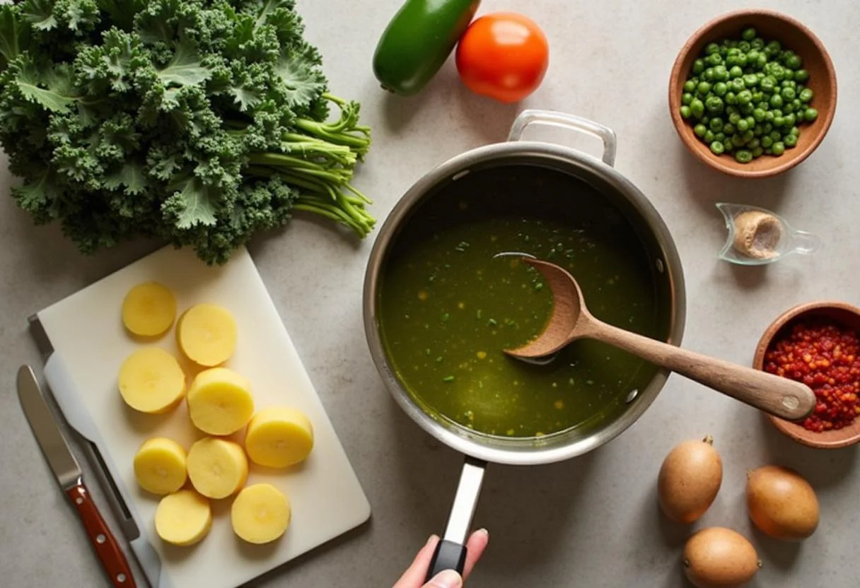 Adicionando batatas fatiadas ao caldo verde em preparo na panela.