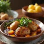 Final presentation of Chanfana de Cabra Intensa with boiled potatoes, ideal for a hearty meal.